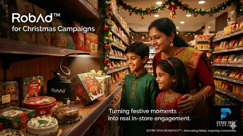 AI-generated Christmas retail advertisement showing family shopping in decorated supermarket aisle